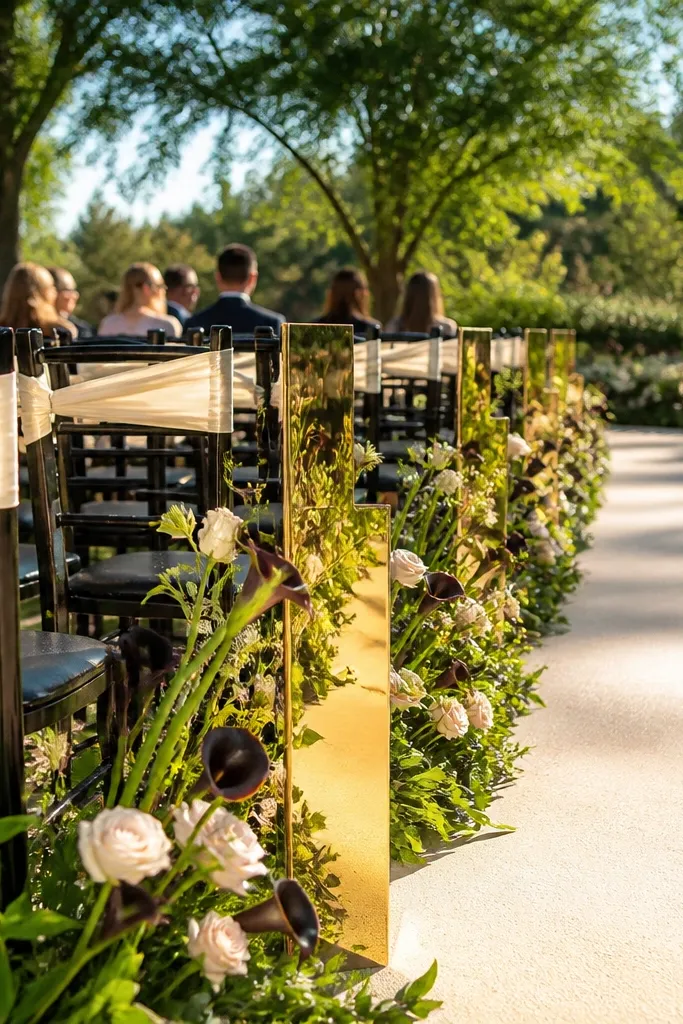 Outdoor ceremony aisle with black chairs, warm ivory florals, and luminous champagne gold mirror pillars