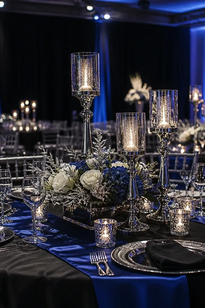 Sleek evening wedding reception with black linens, deep sapphire blue floral centerpieces, and polished silver accents