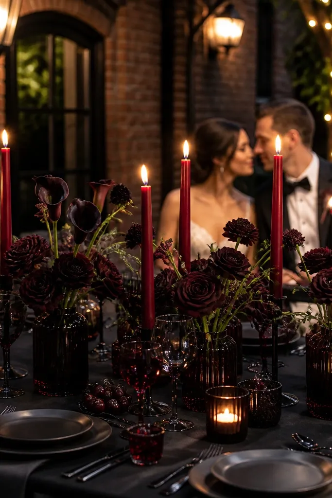 Moody romantic wedding setup with black drapes, deep ruby red roses, and black cherry floral centerpieces