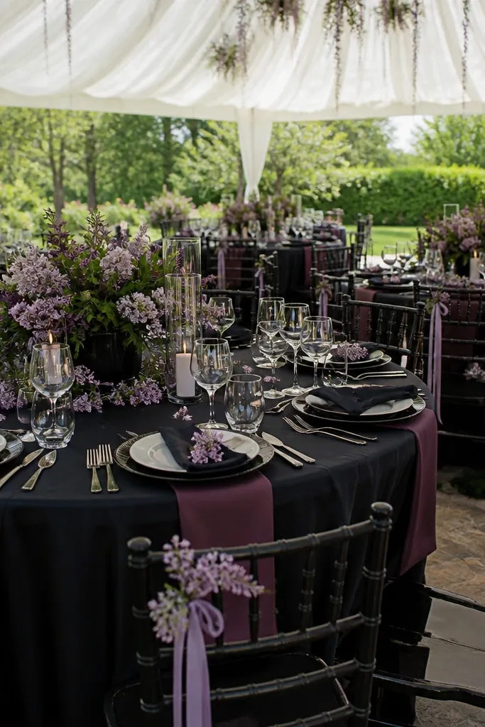 Romantic wedding reception featuring black decor with dusty plum florals and airy lilac accents