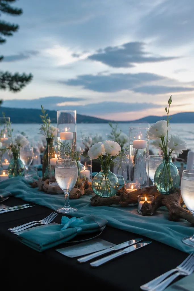 Contemporary wedding table setting with black linens, rich teal centerpieces, and pale sea glass candle holders