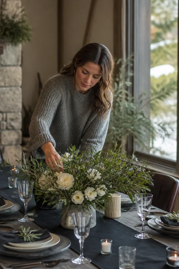 Lush botanical wedding tablescape with black runners, fresh olive foliage, and creamy white garden blooms