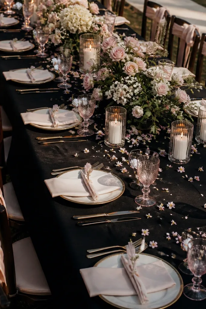 Romantic wedding reception featuring black accents, soft blush flowers, and warm ivory candlelight