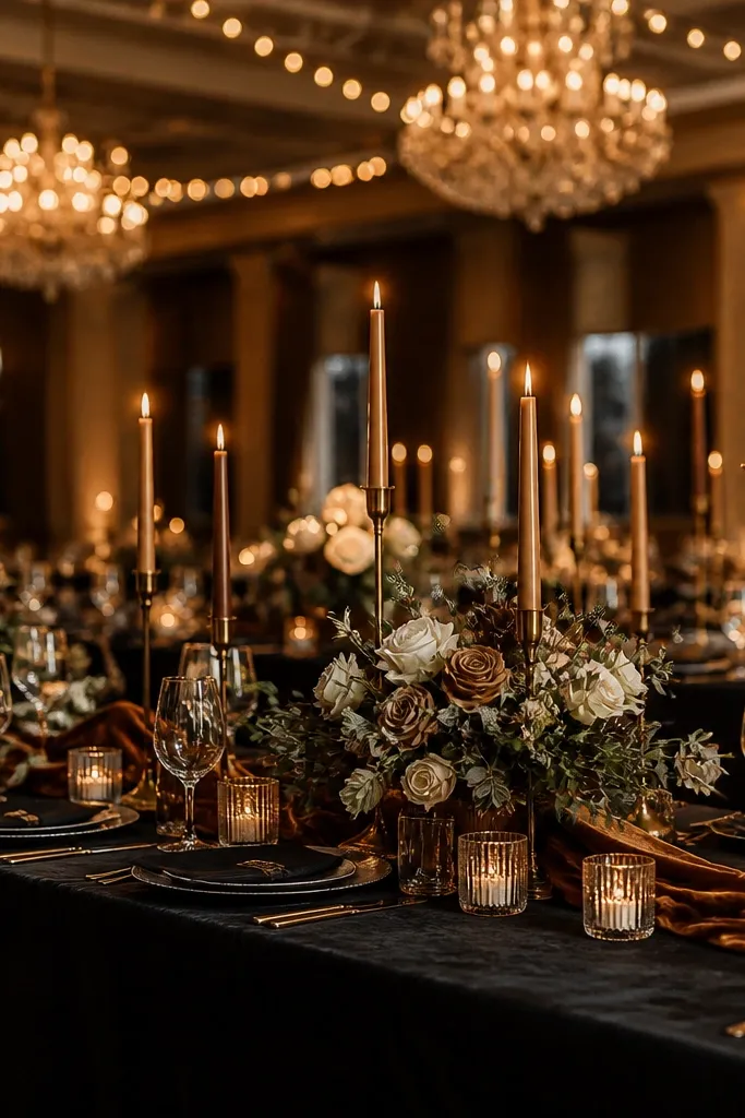 Opulent wedding reception table with black velvet drapes, antique bronze candelabras, and caramel florals