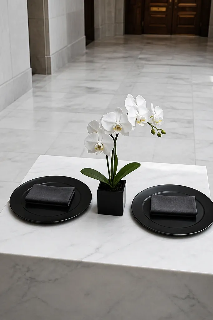 Modern minimalist wedding tablescape with charcoal linens, white marble place cards, and crisp black accents