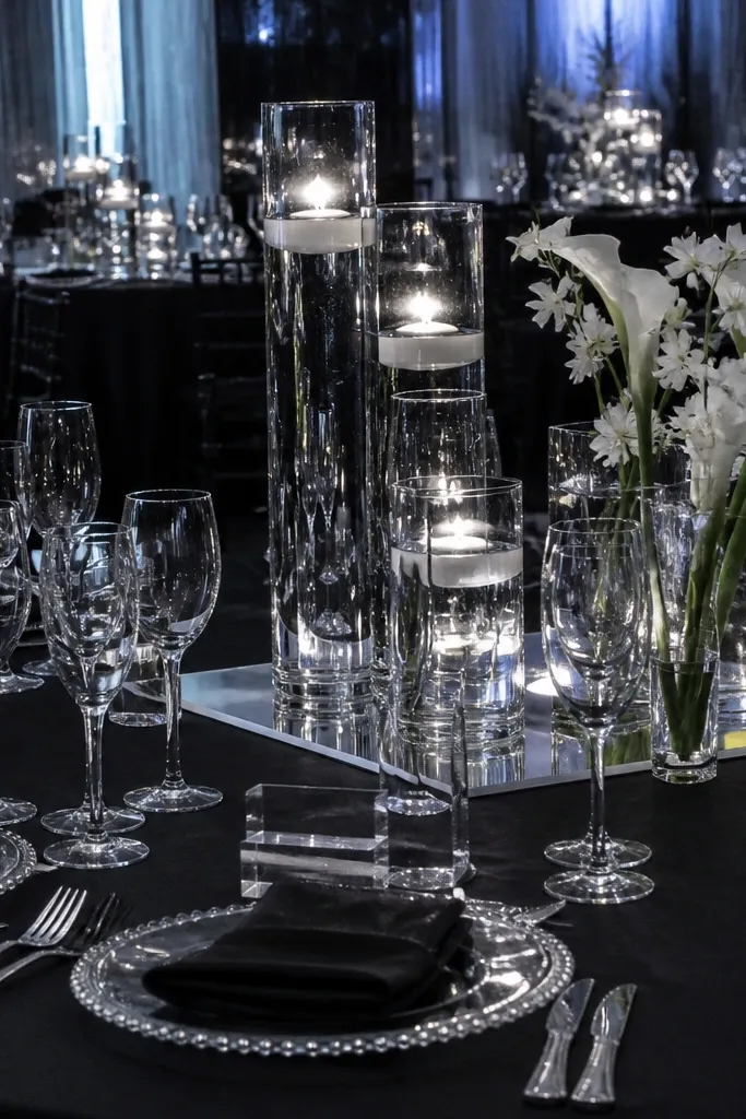 Dramatic modern wedding setup with jet black table linens, clear acrylic ghost chairs, and crystal candle holders