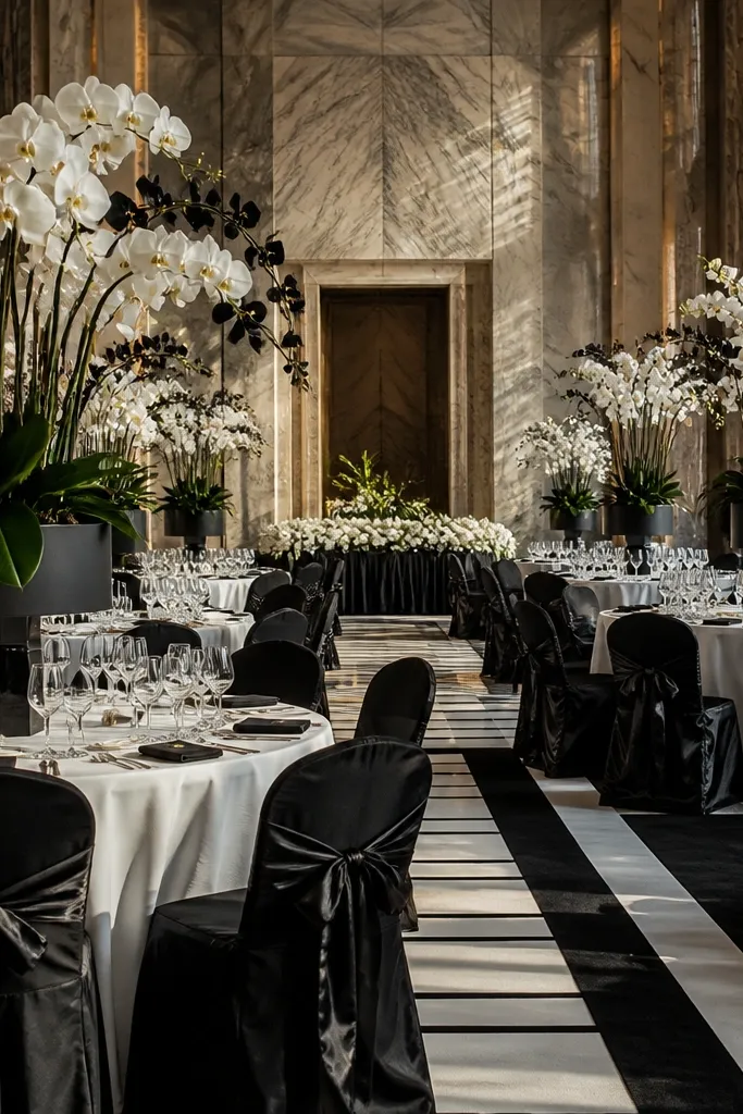 Striking black and white wedding floral arrangements with cascading white phalaenopsis orchids on black pedestals