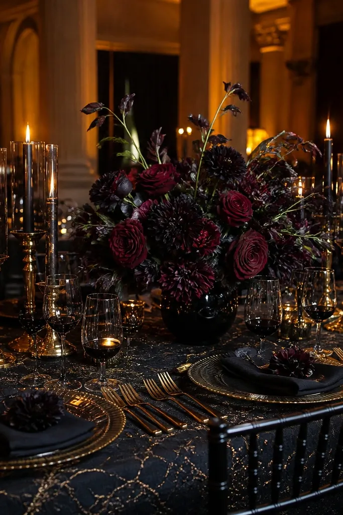 Luxe gothic wedding table setting with deep black dahlias, dark burgundy florals, and gilded antique gold candle holders