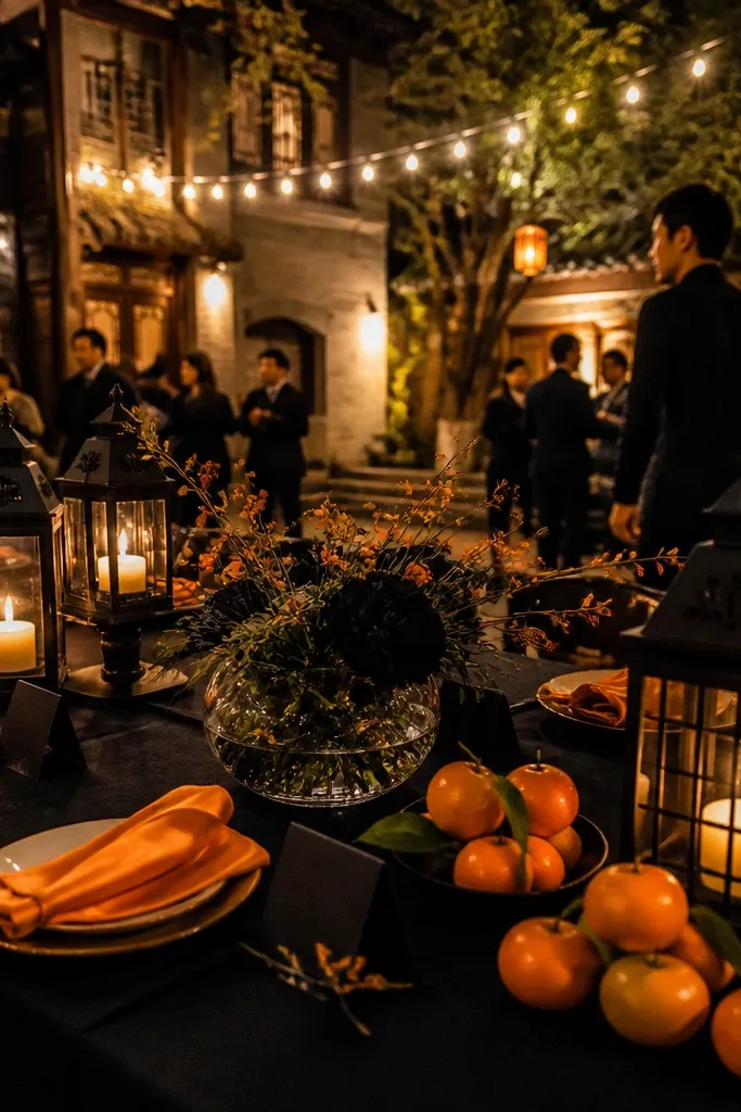 Energetic wedding reception decor with black table foundations and vibrant tangerine floral centerpieces