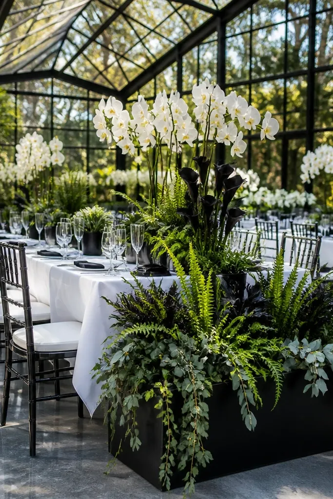 Glasshouse wedding ceremony with black steel frame arches, crisp white flowers, and lush green conservatory plants