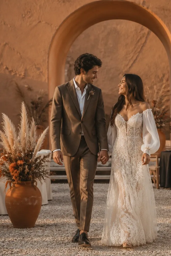 Earthy desert wedding reception with warm ivory linens, terracotta pottery florals, and matte black accents