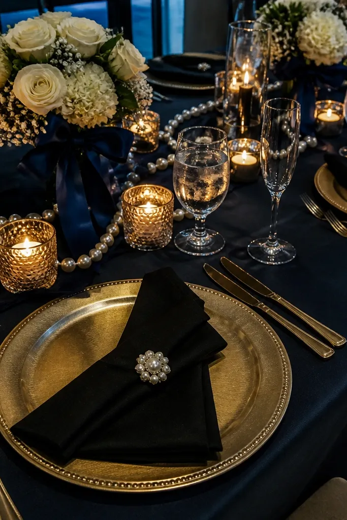 Refined evening wedding tablescape featuring black linens, midnight navy napkins, and lustrous pearl candle accents