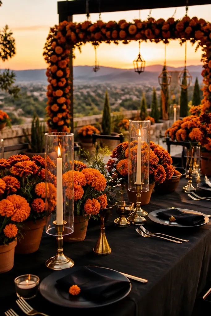 Warm golden wedding reception with black table decor, vibrant marigold centerpieces, and antique brass candle holders