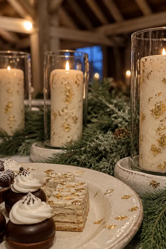 Cream fabric draping with pine green botanical garlands and subtle gold leaf accents