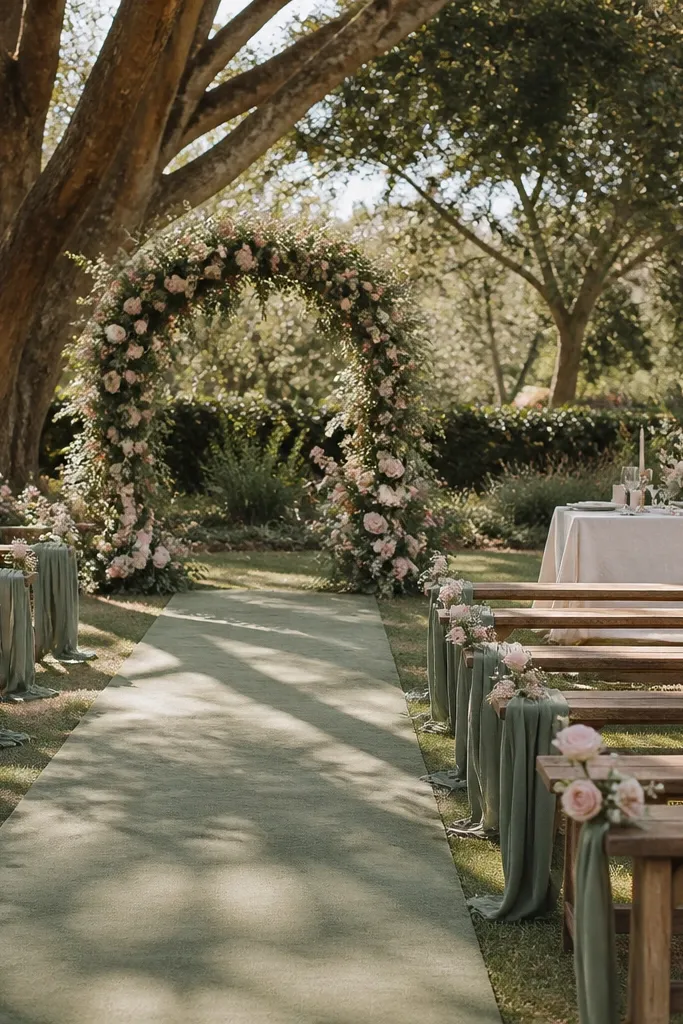 Dusty sage seeded eucalyptus with blush garden roses on oat milk table runners