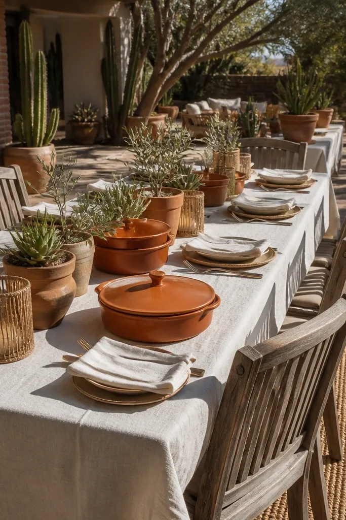 Terracotta pottery centerpieces with woven jute placemats and cream linen napkins