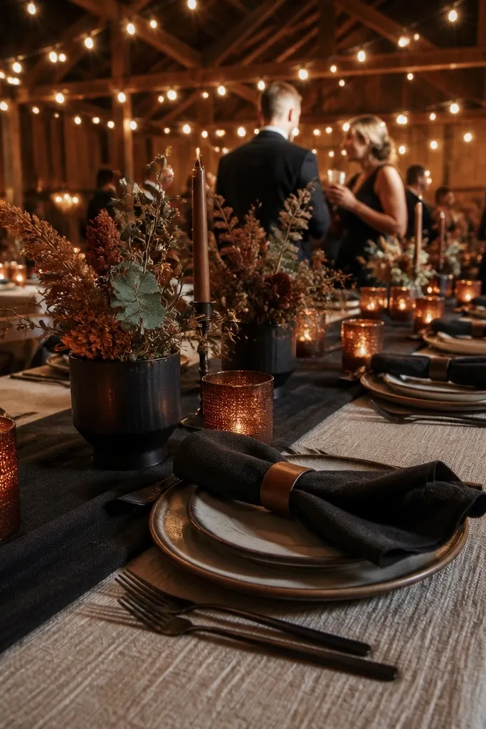 Warm ivory textured linens with rust autumn dahlias and matte charcoal iron candle holders