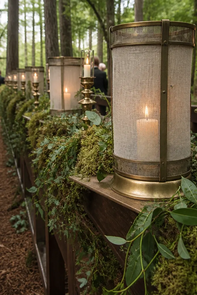 Moss green lush foliage on oatmeal linen runners with antique brass taper candelabras