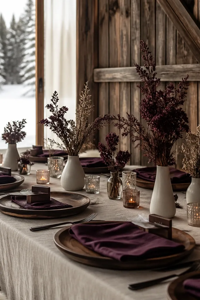 Cream tablescape with rich dusty plum florals and reclaimed walnut wood chargers