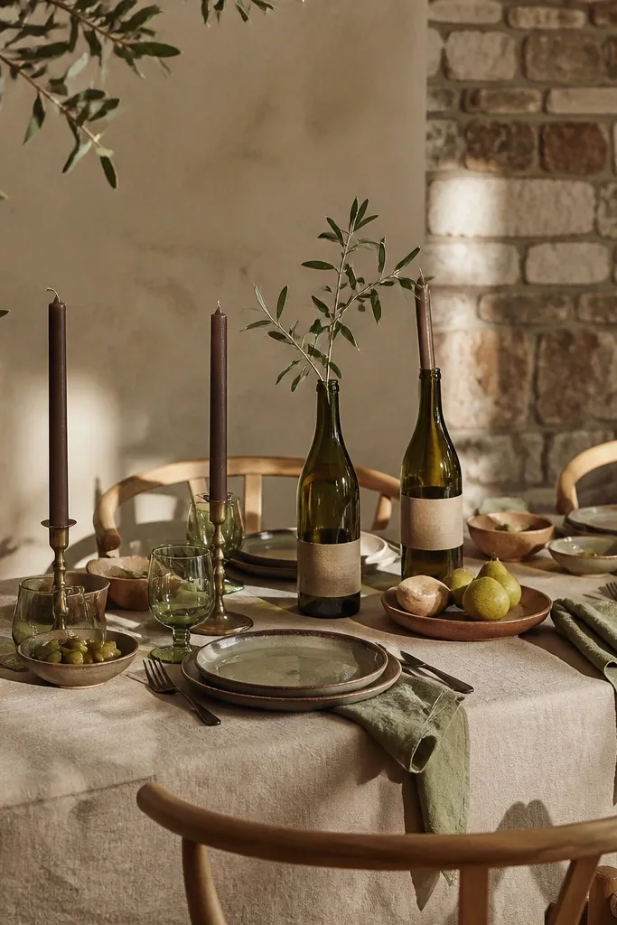 Sand beige slubby tablecloth with silvery olive branches and dark chocolate stoneware