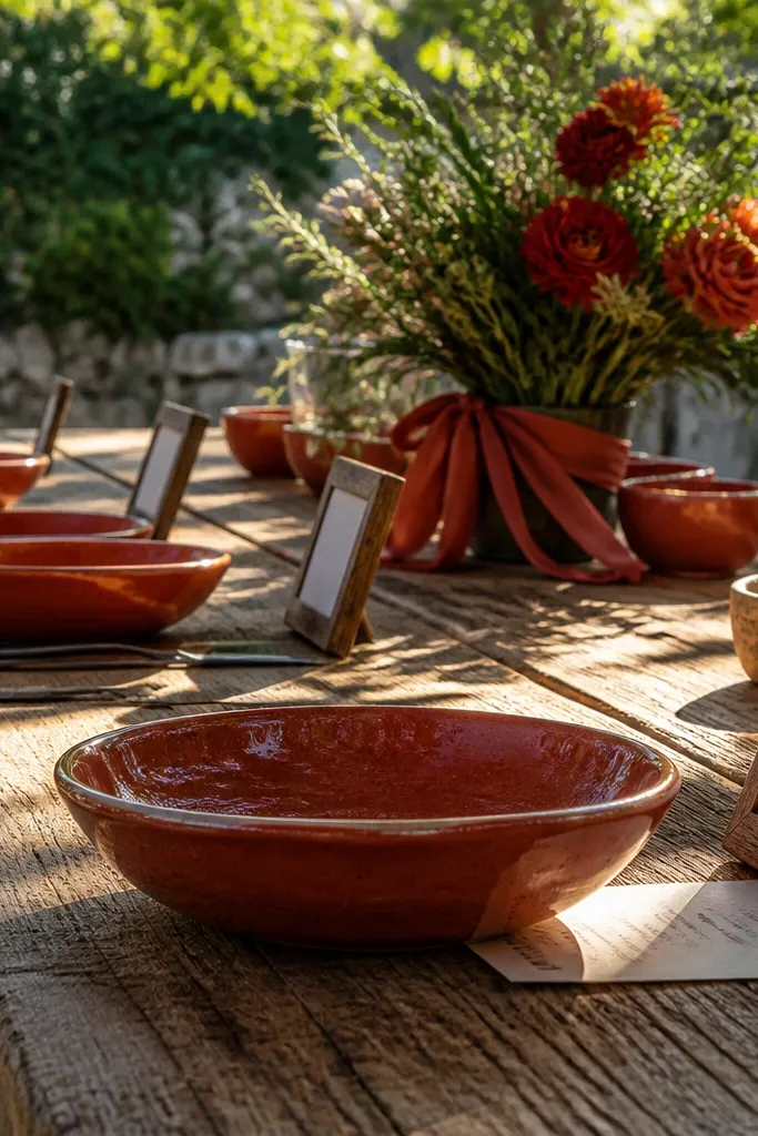 Red clay handcrafted ceramics with creamy garden blooms against weathered wood farm tables