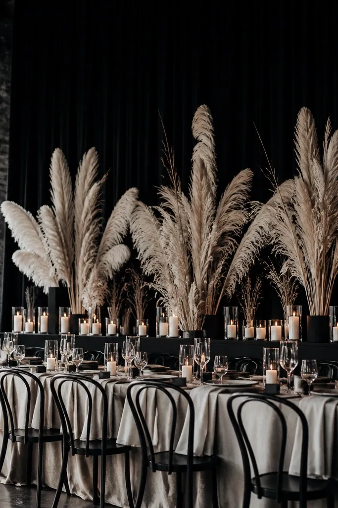 Ecru neutral backdrop with matte charcoal structures and feathery dried pampas plumes