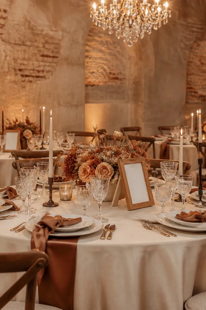 Warm chai brown silk ribbons with creamy candlelight and muted terracotta rose centerpieces