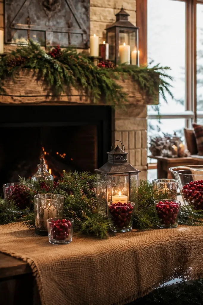 Creamy washed burlap runner topped with fragrant evergreen boughs and deep cranberry berries