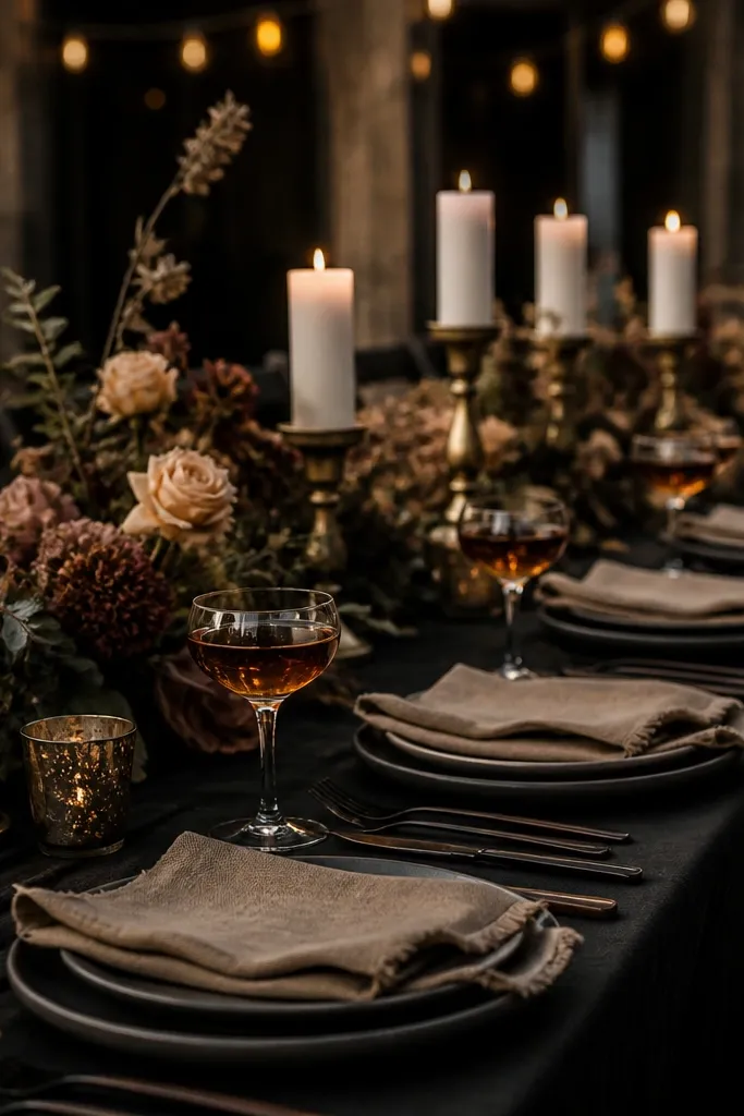 Tan linen table surface with black tea dyed paper stationery and burnished gold votive cups