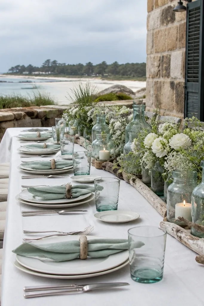 Oyster white gauze runners paired with driftwood gray timber and sea glass green botanical accents