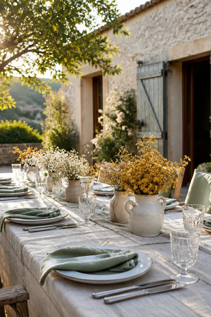 Cream canvas table base with pale sage eucalyptus and warm honey yellow garden blossoms