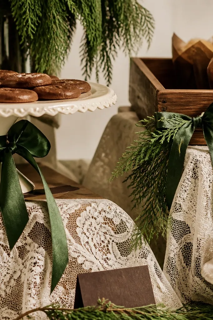 Vintage ivory lace over dark espresso wooden tables with lush forest green garland runners