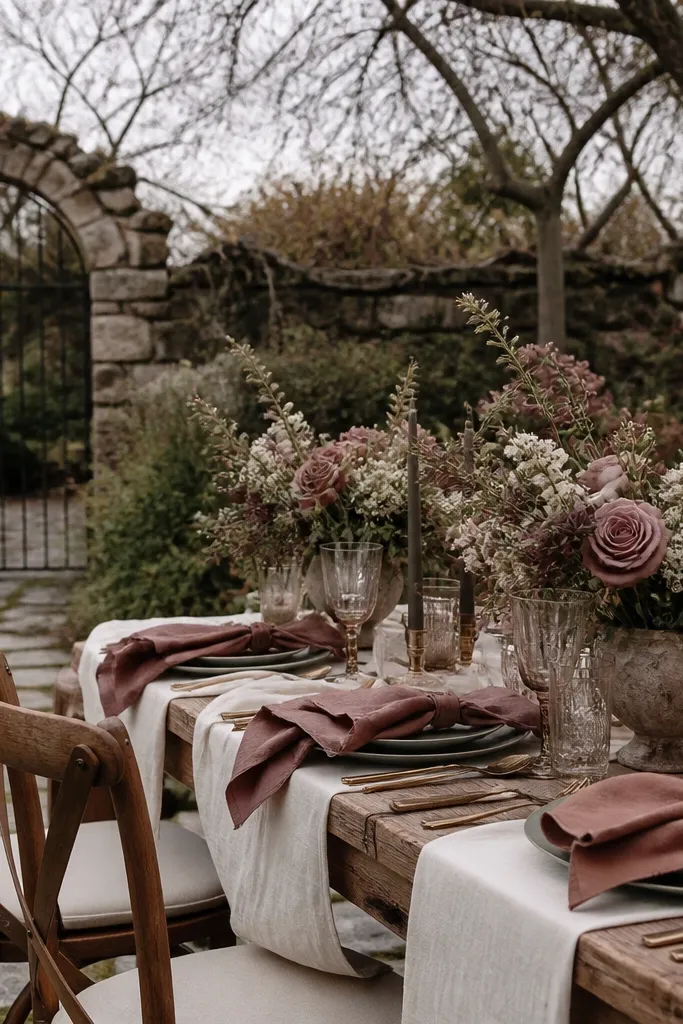 Antique rose spray blooms with muted olive drab leaves against soft cream linen napkins