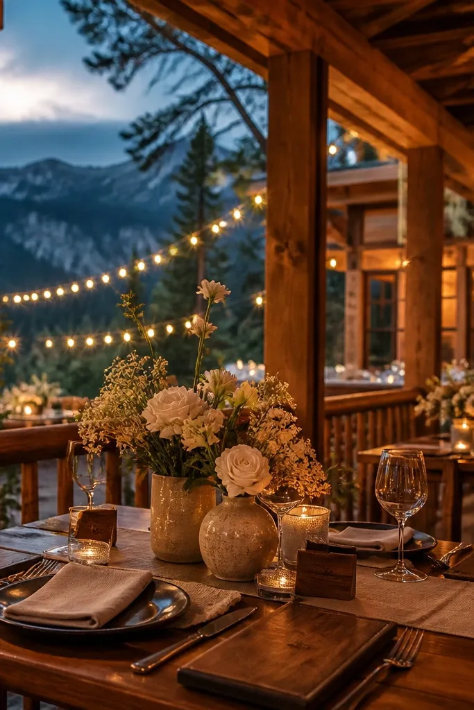 Rich cedar wood planks with milky white ranunculus and dark black walnut tabletop decor