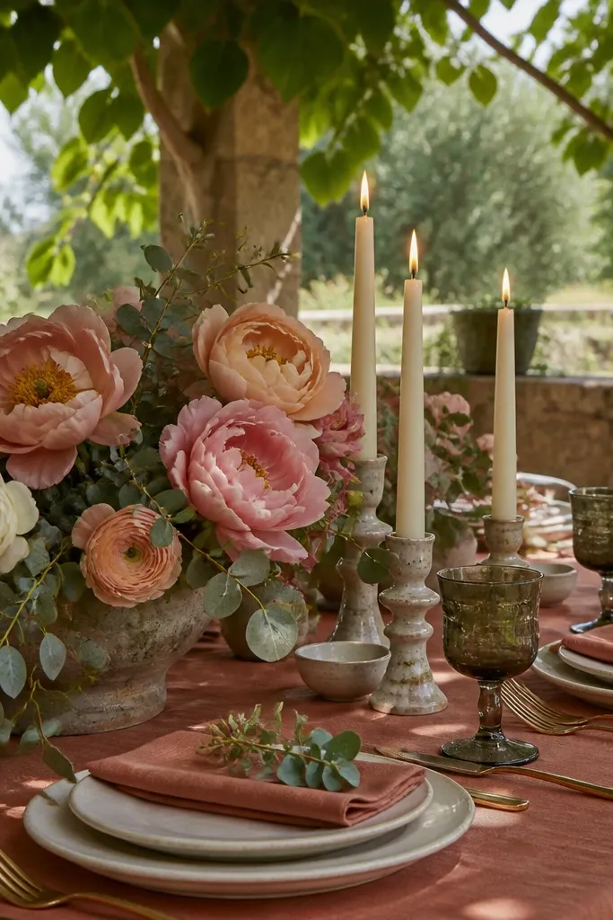 Outdoor courtyard reception table draped in matte sage linen, adorned with dusty rose garden roses, antique gold brass candlesticks, and deckle-edged menus under warm afternoon light
