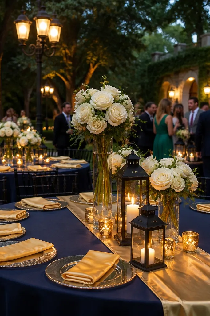 High-ceiling historic ballroom banquet table with midnight navy velvet runners, ivory calla lilies in polished champagne metal vases, and formal crystal glassware
