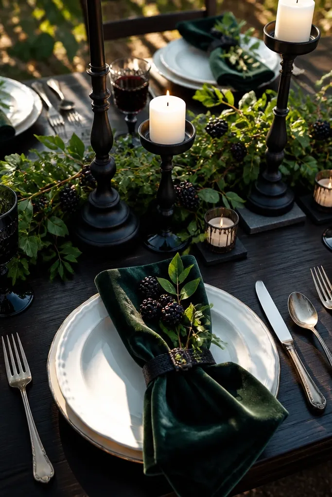 Mountain lodge wedding tablescape with charcoal flannel runners, dark pine boughs, snow-white amaryllis, and glowing clear glass storm lanterns