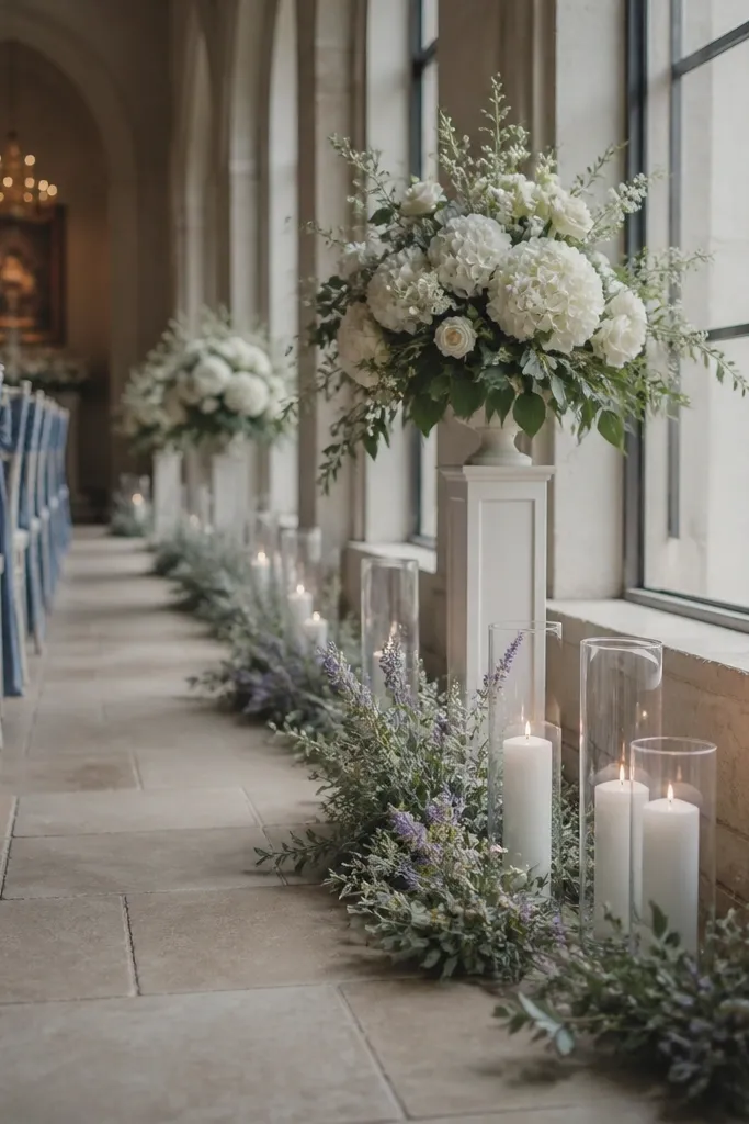 Converted industrial greenhouse table set with slate blue cloths, charcoal stoneware, delicate white willow branch centerpieces, and glass roof lighting