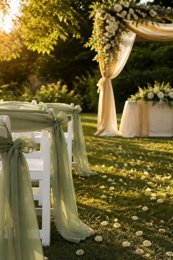 Rustic oak harvest table set between rolling vineyard rows, layered with warm cream raw-edged runners, olive branches, and textured ceramic plates