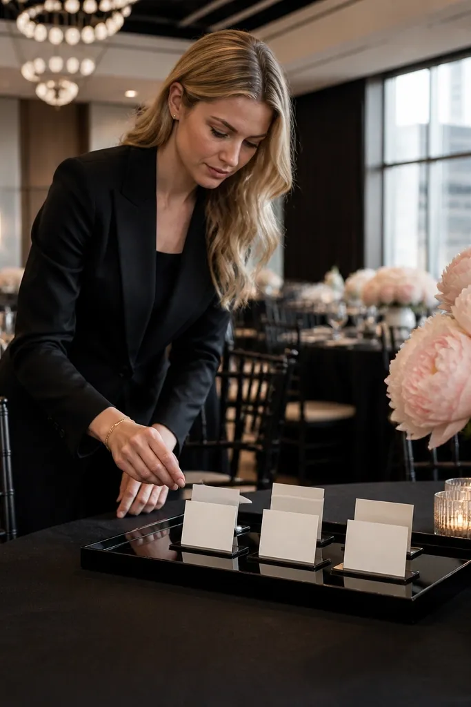 Modern penthouse ballroom with high-gloss black lacquer tables, chalk white calla lily arrangements, and mirrored chrome candelabras under city skyline views
