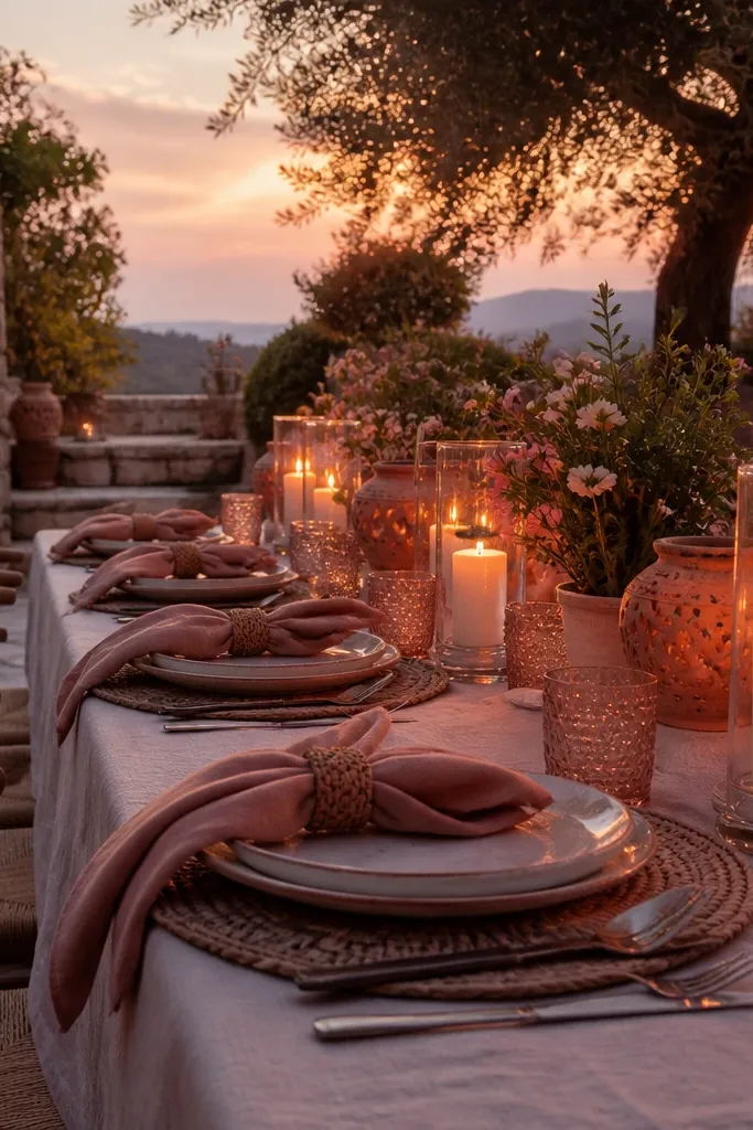 Autumn terrace tablescape with cinnamon-colored runners, dried ochre foliage, antique bronze vessels, and personalized nubuck leather tag favors