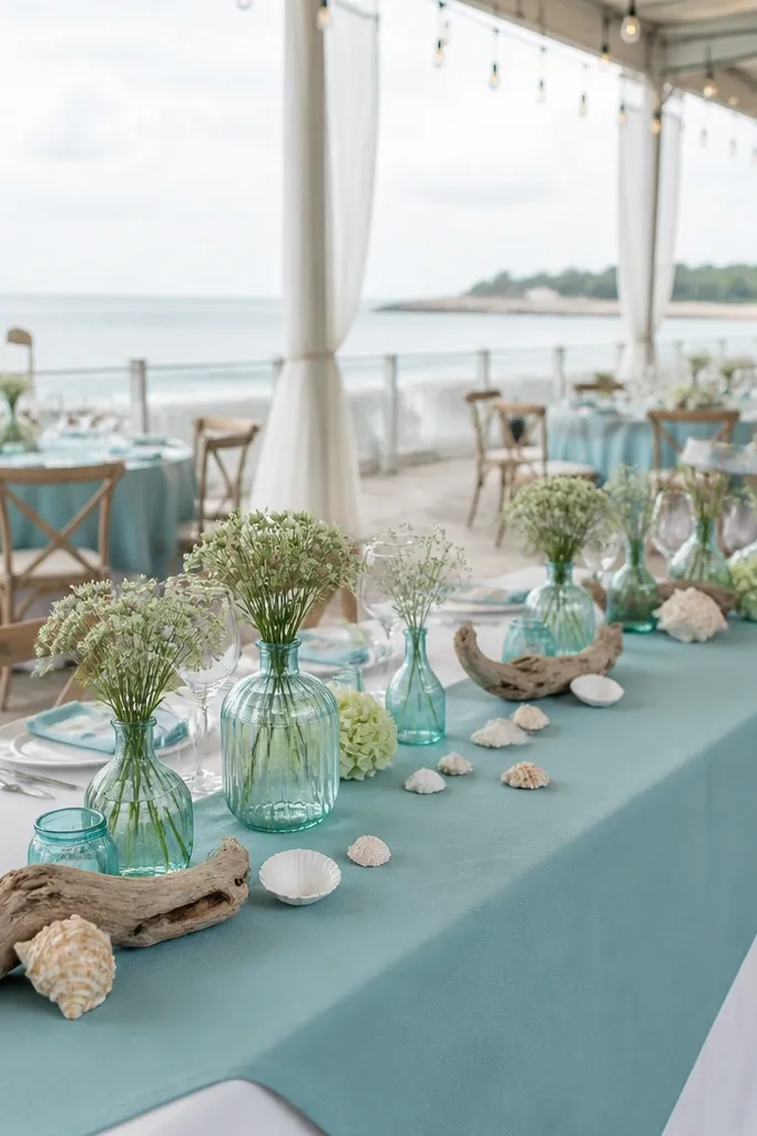 Open-air beach pavilion with sand-colored textured tablecloths, seafoam green blown-glass votives, driftwood centerpieces, and frayed cotton runners