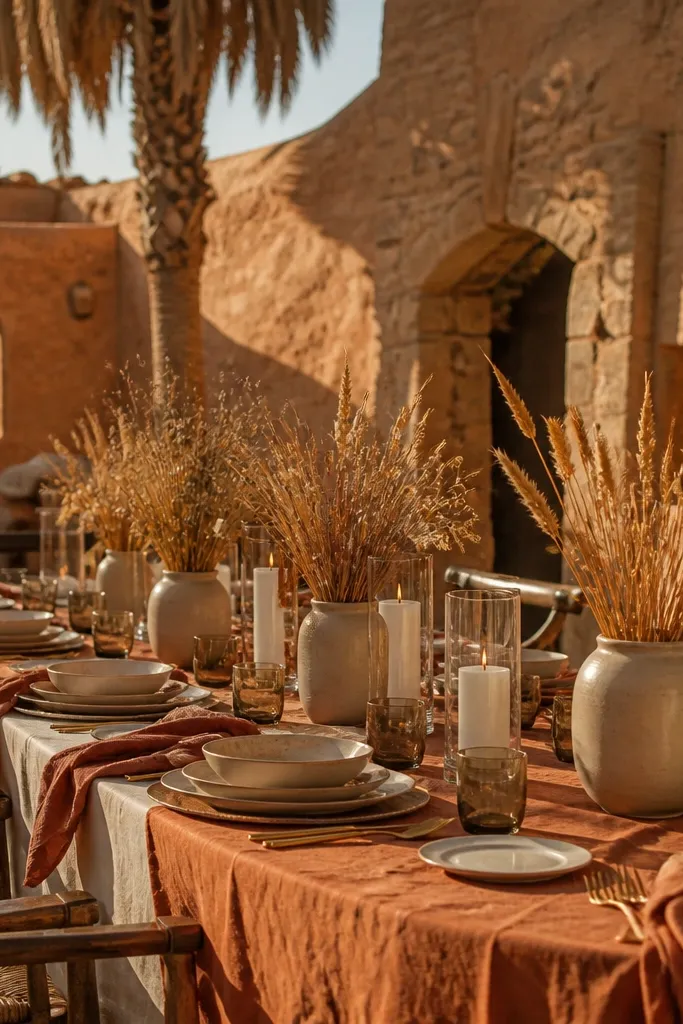 Low desert landscape wedding altar with sculptural terracotta urns, bleached pampas stems, and sand-toned floor cushions set against sandstone rocks