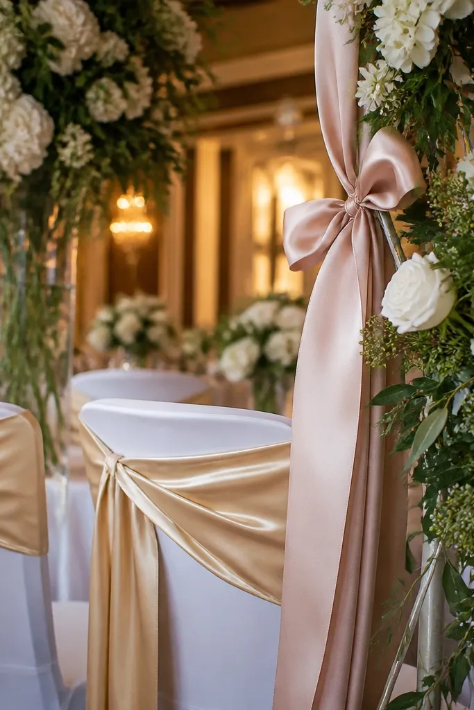 Sculptural minimalist tablescape featuring honed travertine stone blocks, pearl white ceramics, champagne silk ribbon, and tight arrangements of white tulips