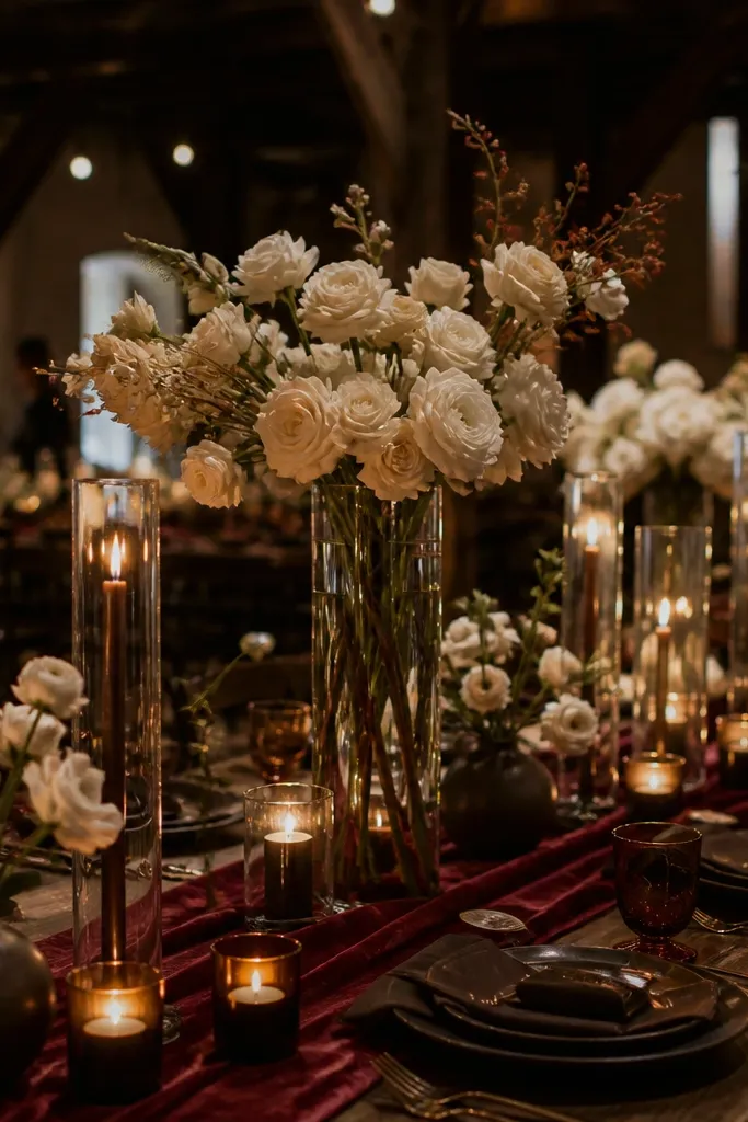 Industrial loft wedding table set with espresso brown linen runners, butter cream taper candles, rich copper chargers, and dark ceramic vases