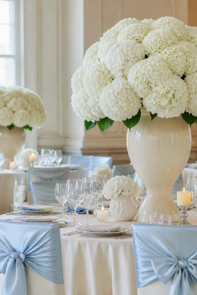 Alfresco coastal terrace table adorned with powder blue batiste napkins, oatmeal linen cloths, slate gray stoneware, and white ranunculus in small ceramic pots