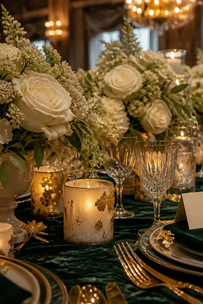 Intimate winter evening table covered in dark emerald pressed velvet, black taper candles, dark forest foliage, and brushed brass cutlery