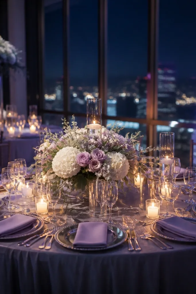 Spring sunset ceremony arch with cascading lavender wisteria, dusty mauve garden roses, sheer flowing chiffon drapes, and frosted silver lantern bases