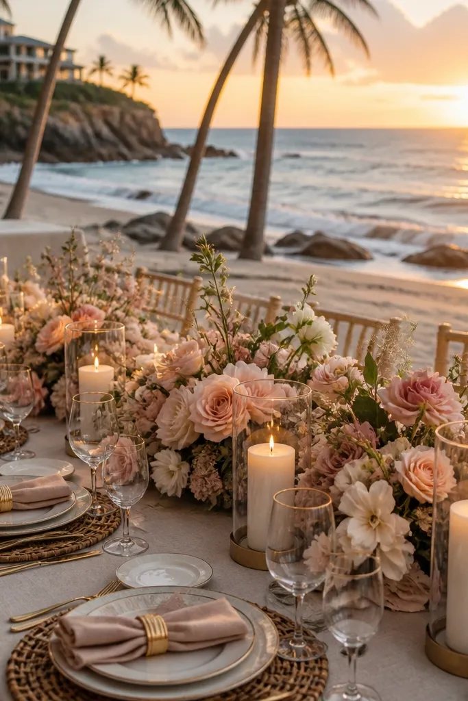 Minimalist photo studio setup with biscuit-toned tablecloths, blanched almond ceramic vases, warm ochre taper candles, and architectural dried florals