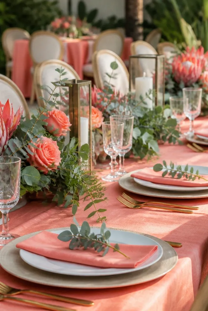 Orchard wedding long table under apple trees with soft peach napkins, deep mulberry floral arrangements, hammered brass chargers, and ripe stone fruits